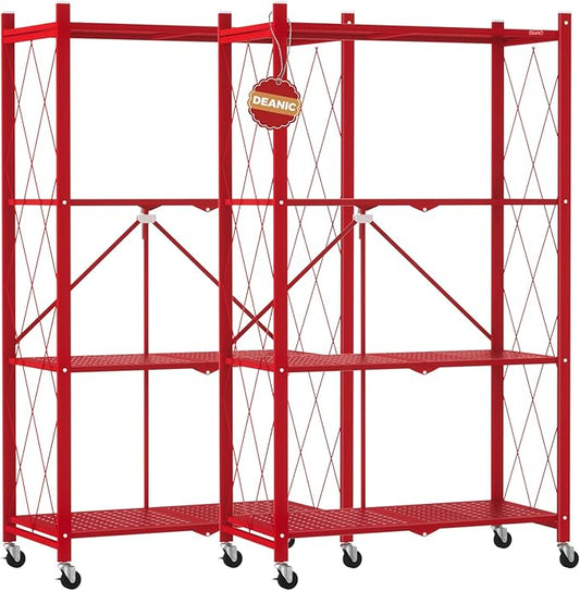 DEANIC 4 Tier Foldable Storage Shelves with Wheels, Large Capacity Shelving Unit, Freestanding Metal Wire Shelf Rack, No Assembly Organizer Rack for Garage Kitchen, Basement, Pantry(Red Pack of 2)