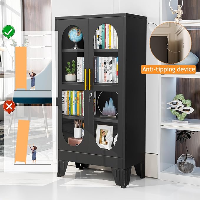 PAOFIN 47" H Locking Display Cabinet with Glass Door, Metal Cabinets with 3 Adjustable Shelves, Cabinet Display Case for Living Room, Collectibles, Clinic, Home - Assembly Required Black