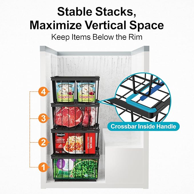 iSPECLE Freezer Organizer Bins - 4 Pack Stackable Deep Freezer Organizer Bins for 5 Cu.Ft Chest Freezer Sort Frozen Food, Heavy Duty Metal Storage Bins with Handles, Easy Access without Digging