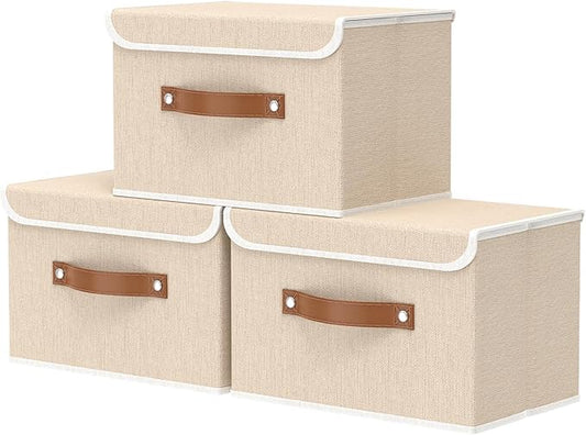 OUTBROS Large Fabric Storage Box with Lid, Collapsible Wardrobe Organiser, Linen Cubes For Towels, Clothes, 13 x 9.1 x 7.9 inch (Beige, 3-Pack)