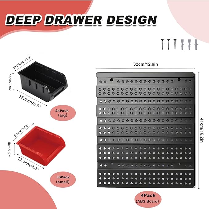 Wall Mounted Storage Bins, Nut and Bolt Organizer, Plastic Bolt Bin, Screw Organizer, Storage Bins for Garage (RED+BLACK, LARGE(60PCS))