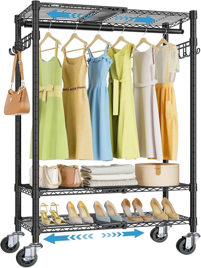 VIPEK R3X Expandable Clothes Rack with Lockable Wheels, 600 lbs Capacity Heavy Duty Rolling Garment Rack with Adjustable Width (2' to 3'5") Shelves, Space-Saving Storage Closet for Small Space (Black)