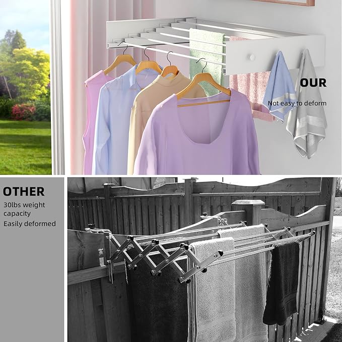 ZMBESUP Upgrade Wall Mounted Drying Rack with 6 Hooks, 31.5" Foldable Laundry Rack, 5 Rods & Hooks Space Saver for Bathroom, Collapsible Clothing Rack with Template for Indoor Outdoor (White)