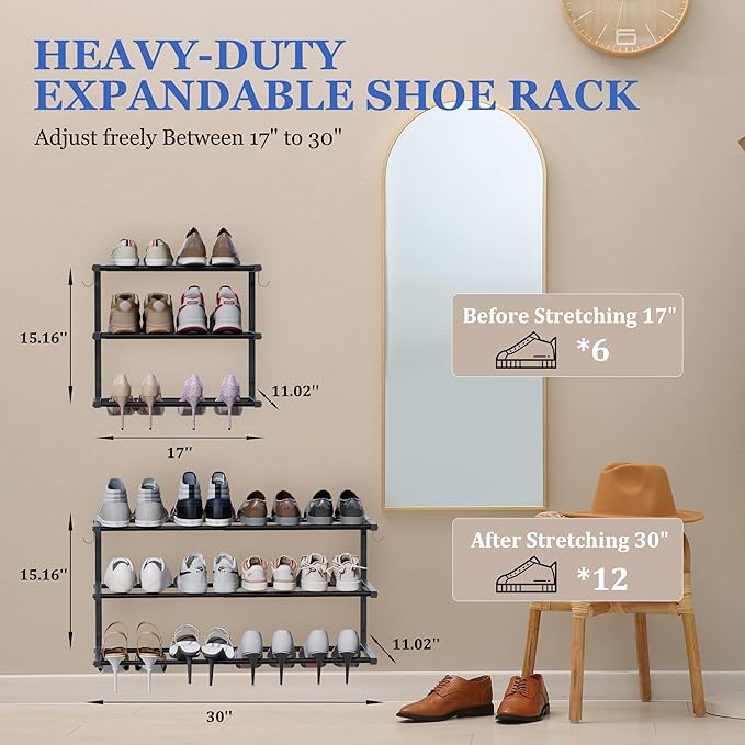 Wall Mounted Shoe Rack, 3 Tier Hanging Shoe Rack Holds 12 Pairs, 17"-30" Adjustable Heavy Duty Metal Shoe Organizer Holder with 2 Storage Hooks, Space Saving for Closet Entryway Doorway（Black