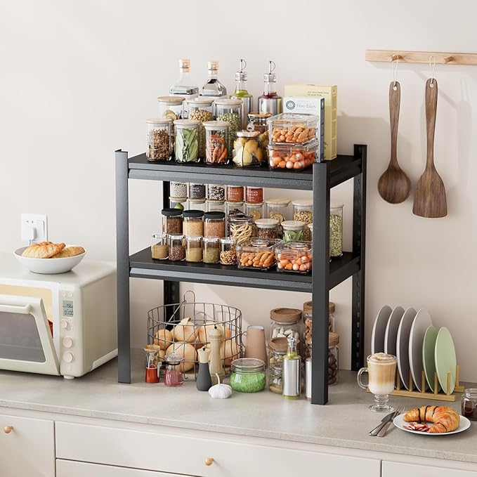 2 Tier Storage Shelves Small Shelves Metal Shelf Organizer Unit Adjustable Steel Shelving for Shop, Warehouse, Basement, Kitchen, Bedroom, Garage, Black, 15.75" W X 9.8" L X 22" H
