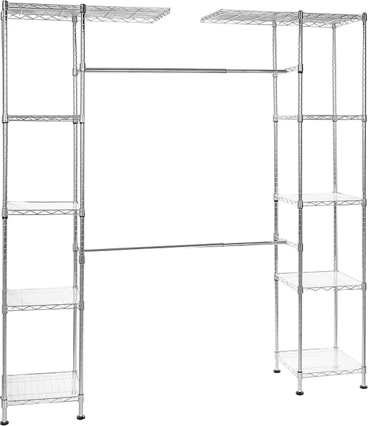 Amazon Basics Expandable Adjustable Metal Closet Organizer with Hanging Rod, Clothes Rack, Shelves, 57-80 x 14 x 72 inches (LxWxH), Chrome