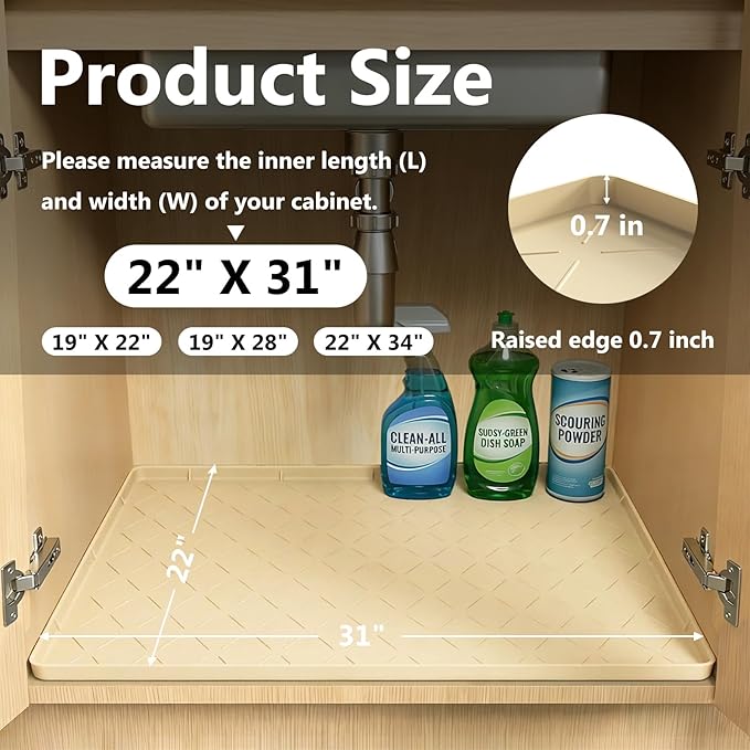Mateeylife Under Sink Mats for Kitchen Waterproof 31"X22", Undersink Protectors，Silicone Mat Cabinet Liner, Under Sink Organizer for Bathroom and Kitchen，Boot Tray Pet Food Mat, Khaki