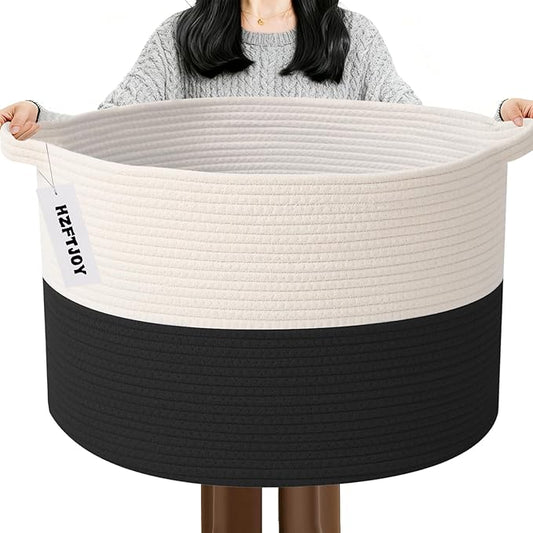 65L Large Blanket Basket,Woven Rope Laundry Basket Hamper with Handles,Decorative Nursery Basket Storage Bin for Toys, Pillows , Clothes Organizer, Living Room, Bedroom, Bathroom, White&Black