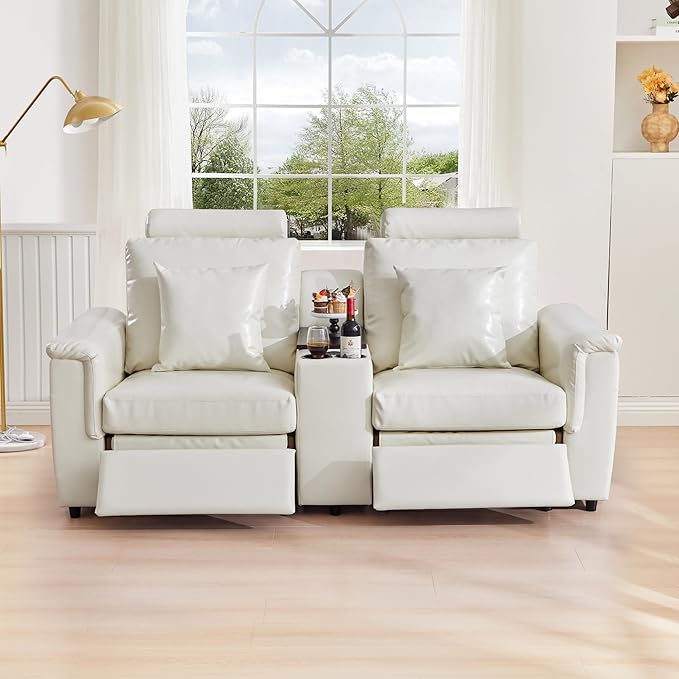 LEVNARY 2-Seater Modular Reclining Sofa with Center Console, Upholstered Faux Leather Power Recliner Loveseat with Cup Holders, USB Charging, Side Pockets & 2 Pillows, Living Room Furniture (White)