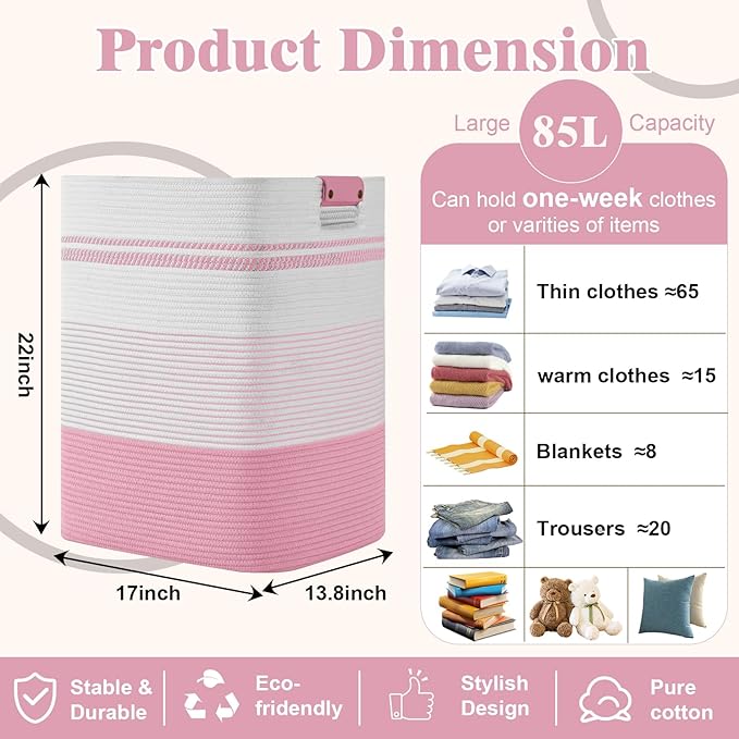 Laundry Hamper, 85L Tall Laundry Basket with Leather Handles, Rectangle Large Clothes Hamper for Organizing, Cotton Woven Laundry Baskets Storage Hampers for Bedroom, Nursery, Living Room