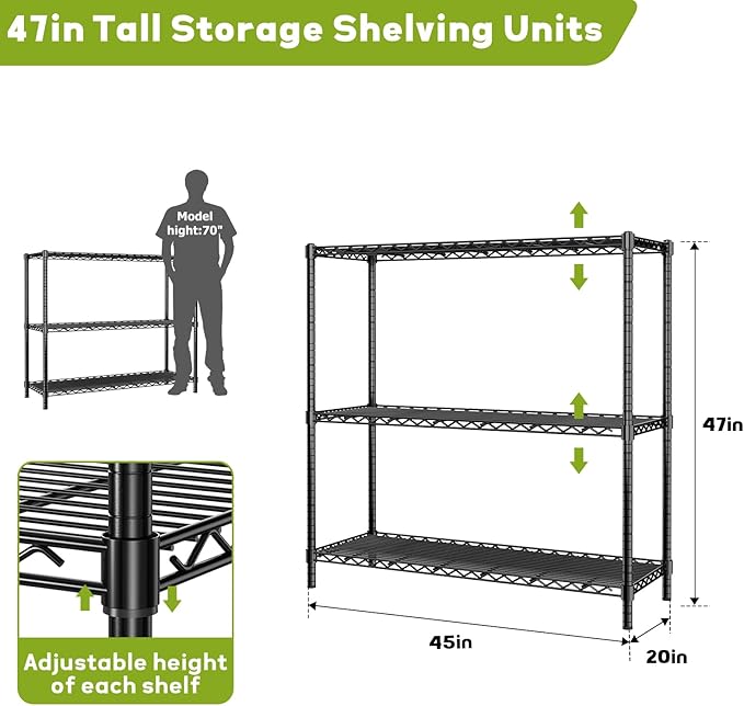 45" W x 20" D x 47" H Heavy Duty Wire Shelving Unit, 3-Tier Utility Storage Rack 1200 lbs Capacity, Adjustable Garage Shelves for Kitchen Garage Pantry, Easy Assembly