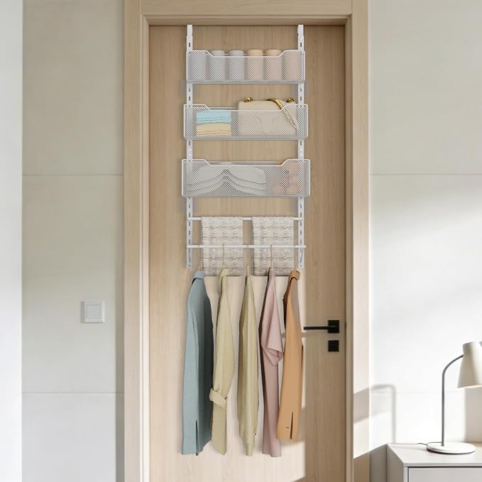 VyGrow Over the Door Storage Organizer with 3 Tier Mesh Baskets 2 Hanging Rods, 2 Mounting Options, Heavy Duty Clothes Hanger & Towel Rack for Bathroom Bedroom Office, White