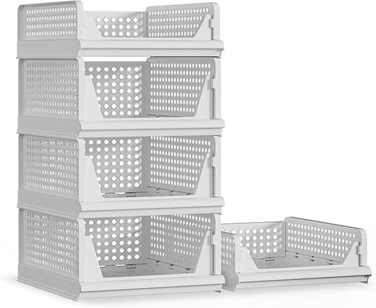 Proarea 5 Pack Stackable Plastic Storage Basket Closet Organizer Bin Foldable Clothes Organizer Storage Drawer Shelf Container for Living room Bathroom Kitchen Office (3L+2S), White, YG-3L2S
