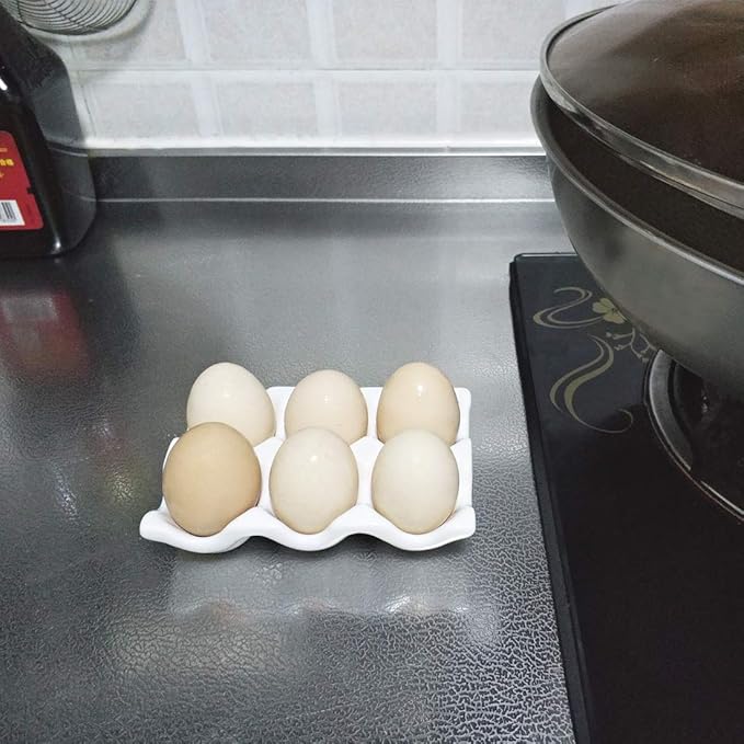Ceramic Egg Holder Egg Tray Porcelain Fresh Egg Holder for Fridge Countertop Kitchen Storage Half Dozen 6 Cups (White)