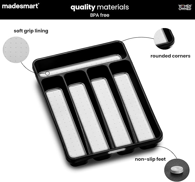 madesmart Premium Small Silverware Tray, Compact 5 Compartment Flatware Organizer for Forks, Knives & Spoons, Non Slip, Soft Grip Lining, Fits Small Drawers, Carbon