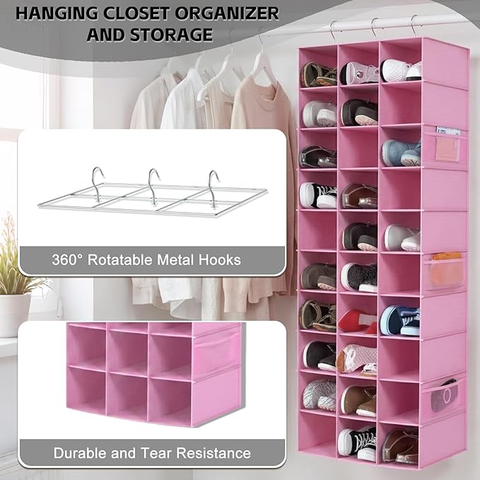 coastal rose Hanging Shoe Organizer for Closet, 30 Sections Hanging Closet Organizers and Storage Shelves Space Saving Shoe Racks Holder Pink,17" W×11.5" Dx 48" H