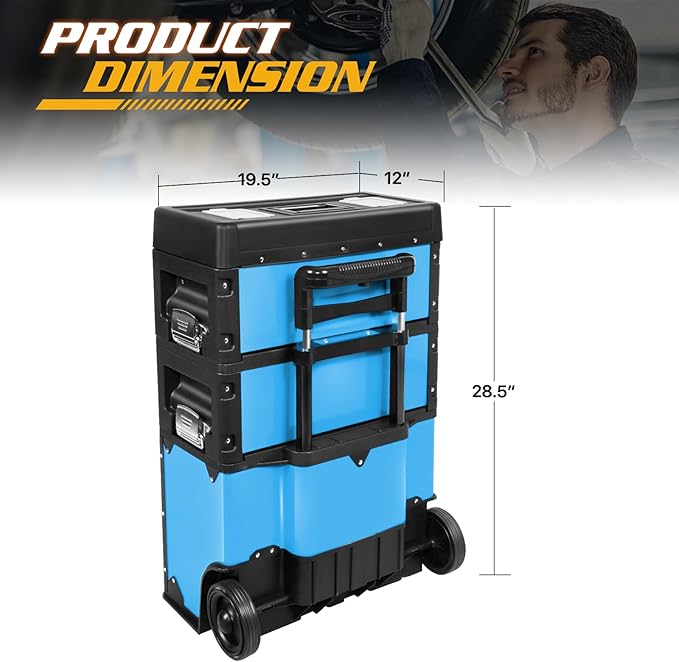 Magshion Heavy-Duty Rolling Tool Box, 3-Tier Stackable Tool Chest System with Wheels & Drawers, Modular Organizer for Small Parts and Tools, Mobile Garage Workshop Storage in Black/Blue