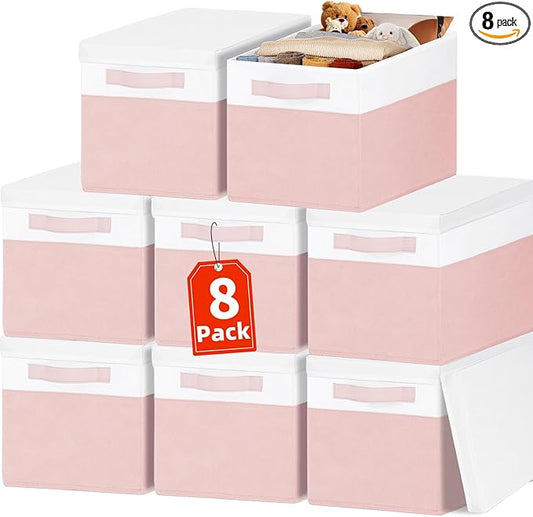 Large Closet Organizer Bins with Lids 8 Pack - Pink Storage Baskets for Shelves Nursery Bedroom Dorm RV - Stackable Decorative Closet Organization Box with Handles for Clothes Purse Blanket Towel