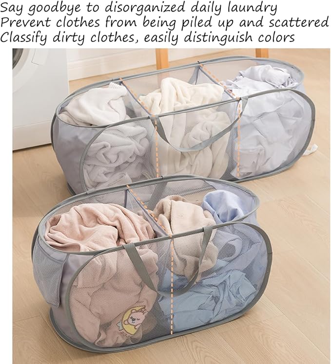 Mesh Laundry Hamper Basket, Sturdy 3 Compartments Laundry Basket, Foldable Pop up Laundry Hamper with Side Pocket for Laundry Room, Bathroom, Kids Room, College Dorm or Travel, Black