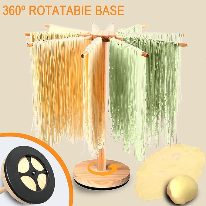 Pasta Drying Rack,Wooden Pasta Dryer Rotatable Collapsible Drying Rack with 9 Rods Quickly Assemble, Fresh Pasta Noodle Spaghetti Dryer Hanger Stand, Easy to Assemble and Store