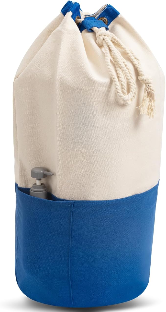 NAHADS Blue single-shoulder backpack-style laundry bag made of durable canvas material with a drawstring closure design, suitable for use at university, camping, laundromats, and apartments.
