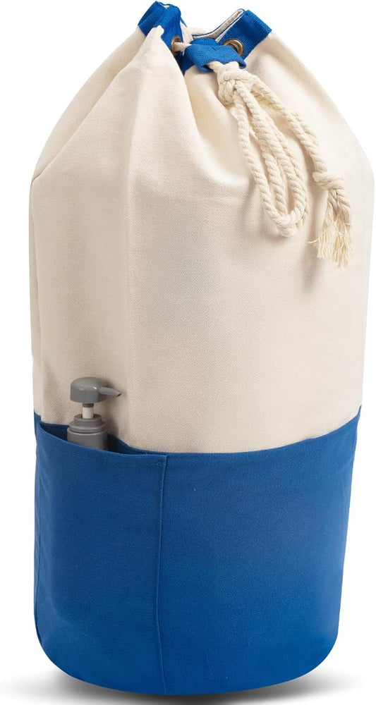 NAHADS Blue single-shoulder backpack-style laundry bag made of durable canvas material with a drawstring closure design, suitable for use at university, camping, laundromats, and apartments.