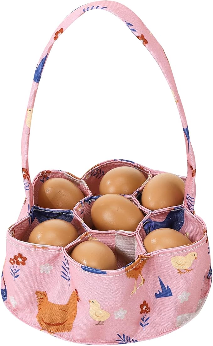 Egg Collecting Basket, Canvas Egg Basket for Gathering with 7 Pouches for Chicken, Duck, Goose, Bird, Various Poultry Collection (Cartoon Chicken Style 1)