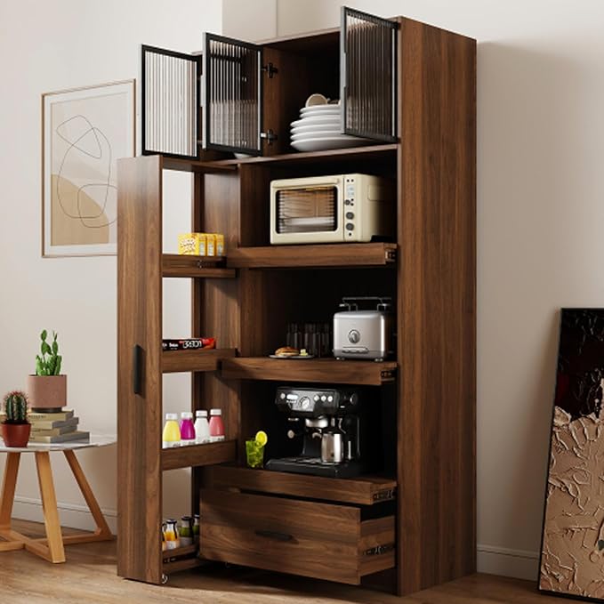 Farmhouse Kitchen Pantry Cabinet, 70.87" Tall Freestanding Cupboard with Multi-Tier Storage Rack and Microwave Stand for Kitchen, Dining Room, Dark Walnut