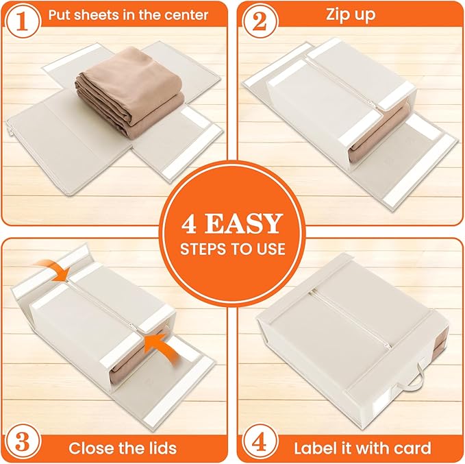 WOWBOX Sheet Organizers and Storage,Closet Bed Sheet Organizer Under Bed Storage and Organization with Label Cards & Clear Window for Bedding Sheets,Duvet Covers,Blankets (6 Pack，Beige)
