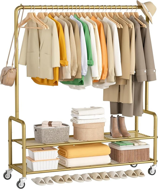 MISSLO Heavy Duty Clothes Rack with Shelves 46.5" Large Rolling Clothing Racks for Hanging Clothes, Garment, Coat, Gold