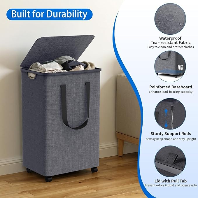 Laundry Basket with 5 Wheels, Tall Dirty Laundry Hamper, Rolling Laundry Basket with Lid, Large 90L Collapsible Clothes Hamper for Laundry Room Bedroom Bathroom Dorm, Light Gray