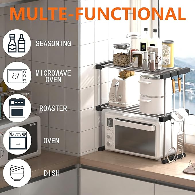 BLULEE Dual-Adjustable Cabinet Organizer Shelf,Expandable Width & Height Stackable Spice Rack with Snap-Lock,2-Tier Kitchen Organization and Storage for Under Sink,Countertop,Pantry,Black,2Pack