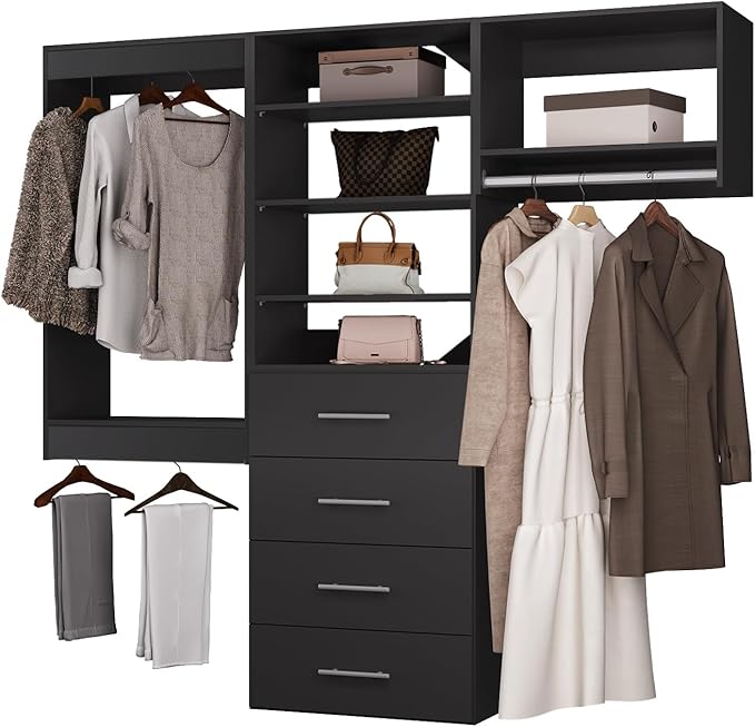 ROOMTEC Modular Closet System, 72" Wall Mounted Closet Organizer with Hanging Rods and Drawers, Modern Wooden Tower for Walk-In Closets, Wardrobe Storage Kit, Black