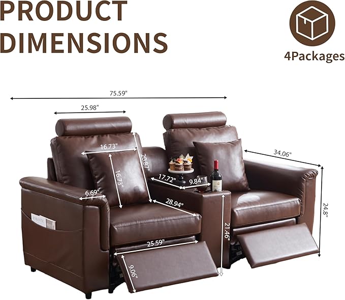 LEVNARY 2-Seater Modular Reclining Sofa with Center Console, Upholstered Faux Leather Power Recliner Loveseat with Cup Holders, USB Charging, Side Pockets & 2 Pillows, Living Room Furniture (Brown)