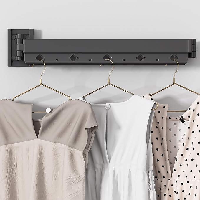 Wall Mounted Clothes Hanger Rack Folding Wall Mounted Clothes Hanger for Laundry (3-Fold Black)