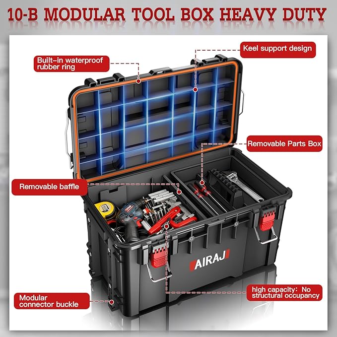 3 Tier Rolling Tool Box Heavy Duty,Stackable Tool Box with Wheels,Modular Storage System with Removable Parts Box,All-terrain Waterproof Toolbox,Telescopic Pull Rod,for Professional Work,Garage