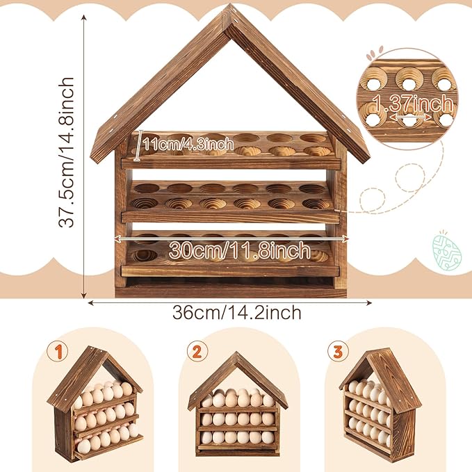 Remerry Wooden Egg Holder Countertop 3 Tier House Shape Fresh Egg Storage 36 Hole Pull out Eggs Racks Basket for Home Craft Room Farmhouse Kitchen Counter Organizer(No Door)