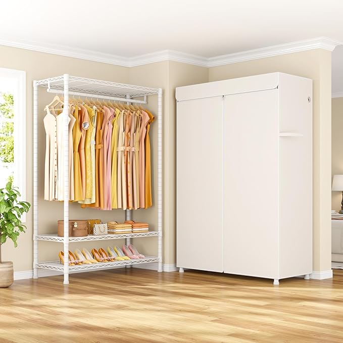 ULIFHOME H5C Plus Clothes Rack with Cover, Portable Closet for Hanging Clothes, Covered Clothing Racks Heavy Duty, 3-Tiers Garment Rack with Shelves Max Load 370LBS White Closet Rack with White Cover