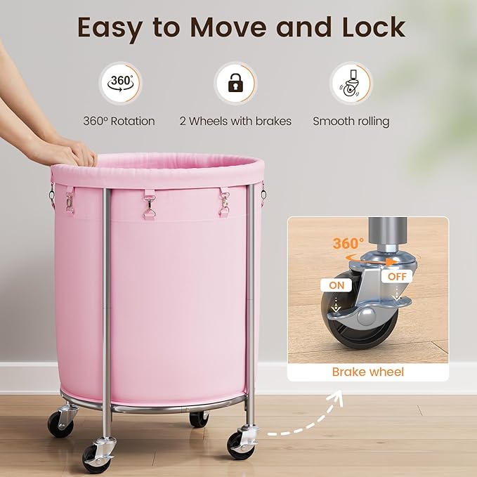 ELYKEN 190L Laundry Basket with Wheels, Large Rolling Laundry Hamper with Removable Liner Bag, Round Rolling Laundry Cart, Dirty Clothes Hamper for Hotel, Home, Closet, Dorm, Pink