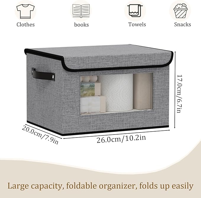 Storage Baskets with Lids, Fabric Storage Boxes with Handles, 10.2 x 7.8 x 6.7 Inch Closet Organizers for Shelves Bedroom Office, Gray, 3-Pack