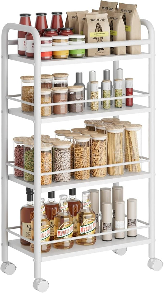 Asgolion Slim Storage Cart, 4-Tier Small Rolling Cart with Wheels, 9.1" Deep, Narrow Bathroom Shelf Trolley for Kitchen, Bathroom, Laundry Room, White Large 4-Tier (9.1" W x 33.6" H)