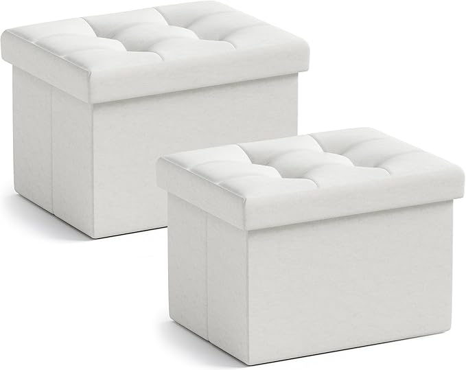 Ornavo Home Small Storage Ottoman, Set of 2, Foldable Collapsible Rectangle Linen Ottoman Foot Rest Stool Seat, for Living Room, Bedroom, Home Office, Dorm - 12 x 16 x 12, White