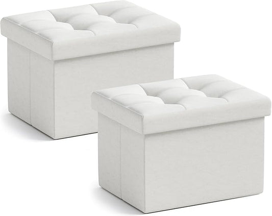Ornavo Home Small Storage Ottoman, Set of 2, Foldable Collapsible Rectangle Linen Ottoman Foot Rest Stool Seat, for Living Room, Bedroom, Home Office, Dorm - 12 x 16 x 12, White