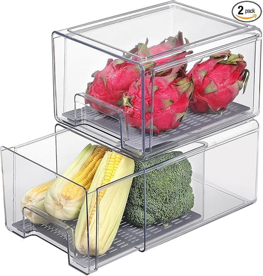 Pull Out Clear Fridge Organizer Drawers with Drainer, Refrigerator Stackable Storage Bins for Kitchen Fruit & Veggie Organization (2PCS, Large)