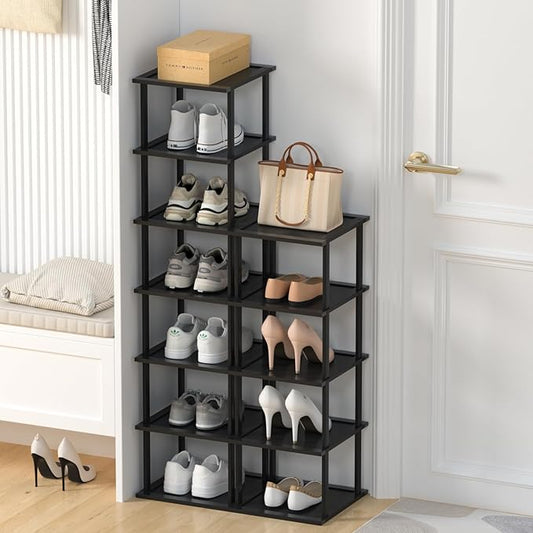 MHXW SXPN Bamboo Free Standing Shoe Rack Shelf Multi Tier Tall Wooden Stackable Shoes Rack Organizer for Closet Front Door Entrance Narrow Vertical Shoe Storage (Black, 12 Tiers)