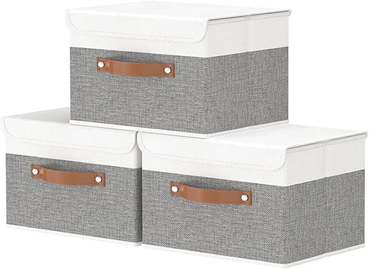 OUTBROS Storage Boxes, Collapsible Storage Bins with Lids, Cotton and linen cloth Storage Baskets with Handle, for Books, Closet, White/Grey, 3 Pack 10.2 x 7.9 x 6.7in
