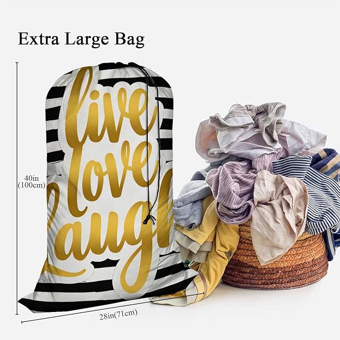 Swono Funny Quote XL Laundry Bags, Drawstring Closure Dirty Clothes Bag Organizer, Heavy Duty Large Laundry Bag, Gold Lettering Live Love Laugh Rip-Stop Bags for Camp Travel, 28" x 40"