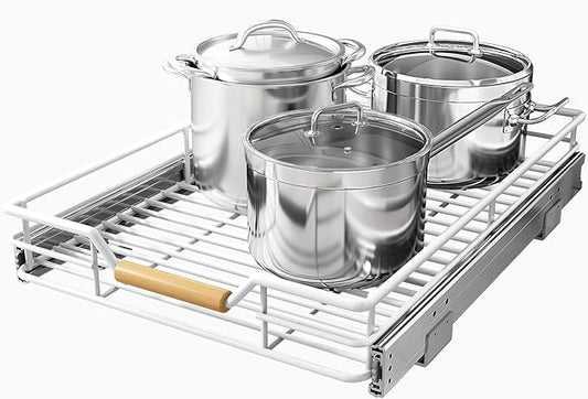 Pull out Cabinet Organizer, 18"W X 21"D, Heavy Duty Smooth Sliding Under Cabinet Shelves for Pots and Pans, Full-Extension Roll out Drawers, Slide out Organization for Home Kitchen Pantry, White