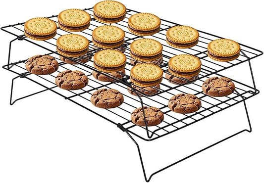 PowerKing 2-Tier Cooling Rack for Baking - 15.75" x 9.84" Stackable Stainless Steel Wire Rack, Non-Stick, Collapsible, Space-Saving Design for Cookies, Cakes, and More, Gifts for Baking Enthusiasts
