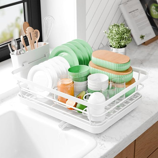 Kitsure Dish Drying Rack - Compact Dish Rack with Utensil Holder & Adjustable Water Outlet, Rust-Proof & Scratch-Resistant Drying Rack for Kitchen, 15.5" x 12.0" x 5.0", White